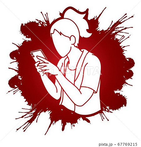 Woman typing text.Woman using smartphone cartoon graphic vector. 67769215