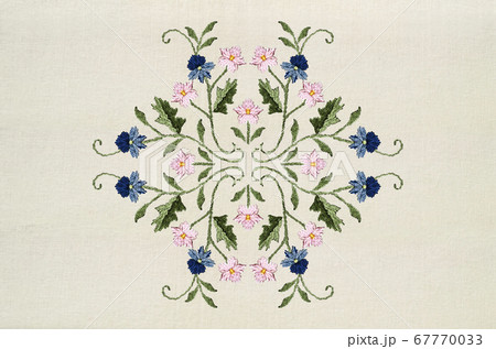 Pattern of embroidered bouquets with blue-bluish and pink flowers on twisted stems with leaves on cotton fabric 67770033