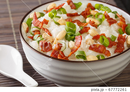 Ginger bacon Jook Rice Porridge close-up in a 67772261