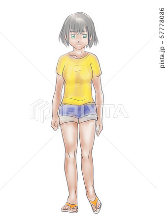 夏 ショートパンツに黄色いtシャツの女の子のイラスト素材