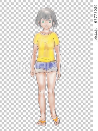 夏 ショートパンツに黄色いtシャツの女の子のイラスト素材