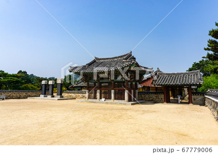 Traditional Korean style pavilion in the Royal tomb of king Suro of Gaya kingdom in Gimehae, South Gyeongsang province, South Korea. 67779006