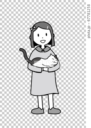 女の子と猫のイラスト モノクロのイラスト素材