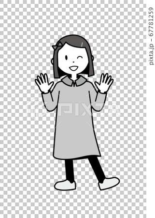 ウインクする女の子のイラスト モノクロ 67781259