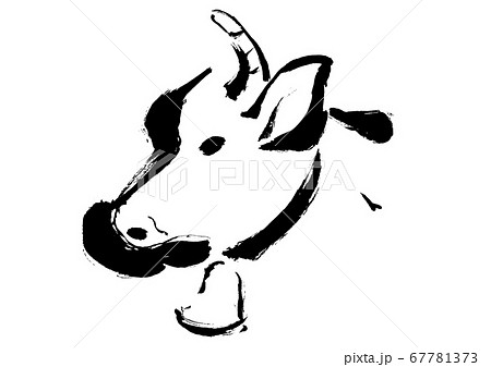 牛の横顔の手描きの和風イラスト 筆書きの線画の力強いイラストのイラスト素材