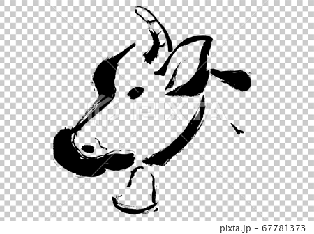 牛の横顔の手描きの和風イラスト 筆書きの線画の力強いイラストのイラスト素材