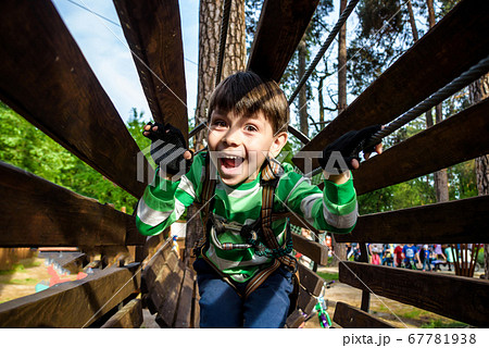 Little boy playing at rope adventure park. Summer 67781938