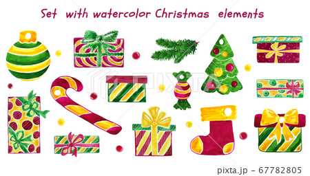 Watercolor set with christmas decoration, festive 67782805