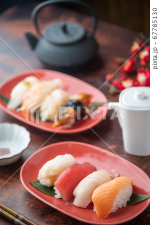 japanese nigiri sushi with plum blossom japanese nigiri sushi with plum blossom 67785130