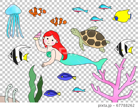 人魚と色鮮やかな海の生き物達のイラスト素材