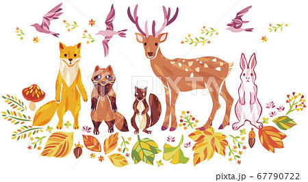 秋の紅葉や落ち葉や動物のイラストのイラスト素材
