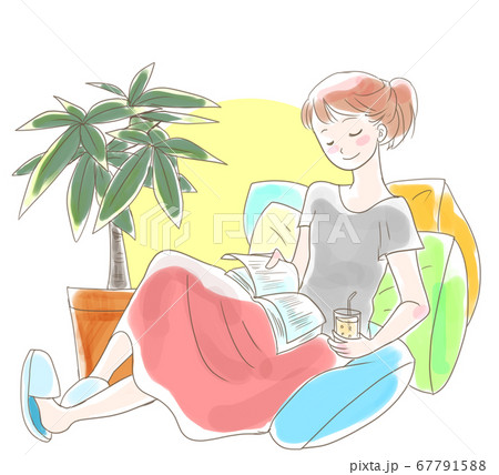部屋の中で読書をしている女性のイラスト素材