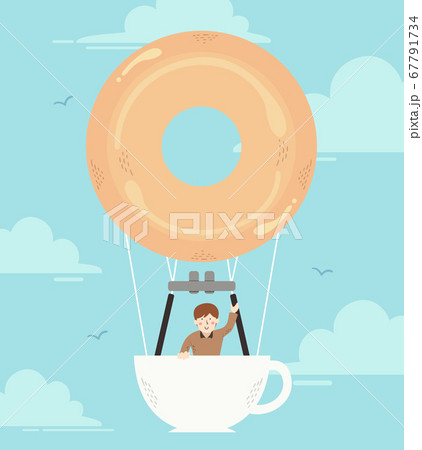 Man Coffee Donut Hot Air Balloon Illustration 67791734