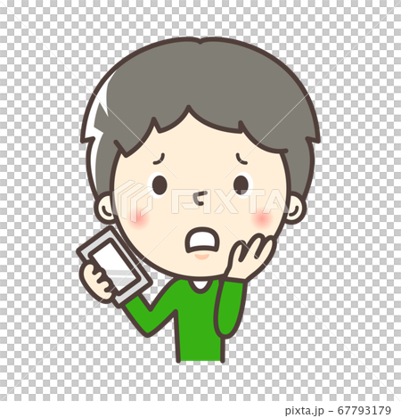 A boy with a troubled expression while holding a smartphone 67793179