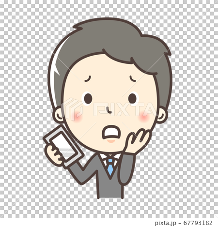 A member of society with a troubled expression while holding a smartphone 67793182