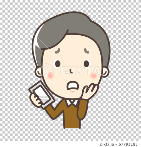 スマホ持ちながら困った表情のお父さん 67793183