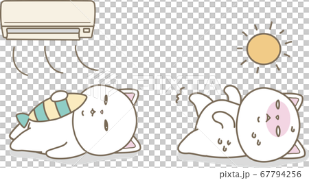 Adjusting the temperature with a cooler. Cats spending a comfortable environment and cats with heat stroke. 67794256