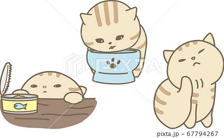 茶トラ猫セット 毛繕いをする猫 ごはん中の猫 缶詰と猫のイラスト素材