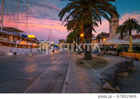 Trogir harbor and old town promenade at sunrise, Dalmatia, Croatia 67802869