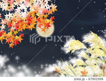 紅葉とススキと満月の風景画のイラスト素材