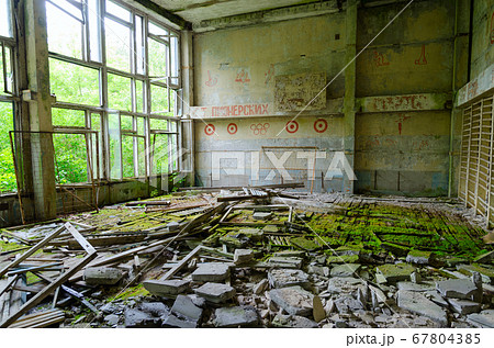 Abandoned school gym in resettled village of Pogonnoe in Chernobyl exclusion zone, Belarus 67804385