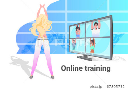 woman doing yoga fitness exercises girl watching tutorials on tv online training healthy lifestyle concept girls working out horizontal full length vector illustration 67805732
