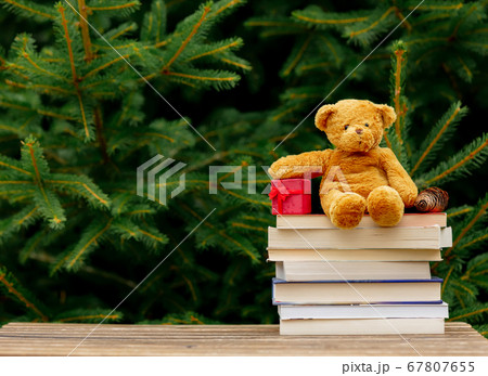 Little teddy bear toy and books on wooden table Little teddy bear toy and books on wooden table 67807655