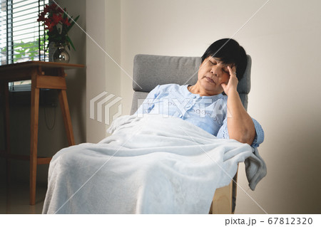 headache, stress, migraine of old woman, healthcare problem of senior concept 67812320