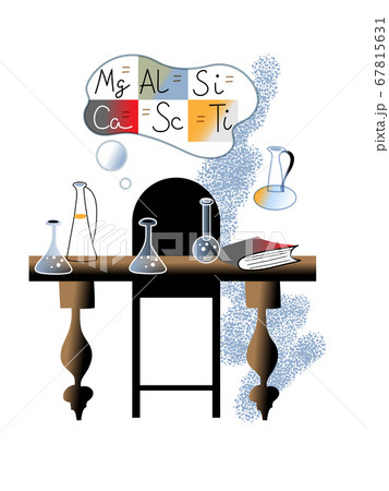 Table with lab flask, chemical element in bubble Table with lab flask, chemical element in bubble 67815631