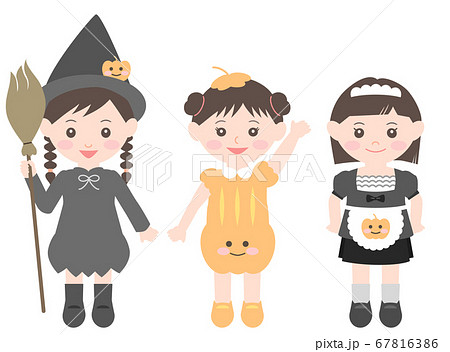 ハロウィンの仮装をした幼稚園の女の子3人のイラスト素材