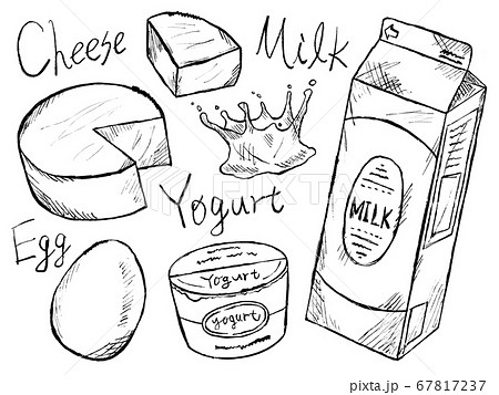 チーズや乳製品の白黒手書きイラストイメージのイラスト素材