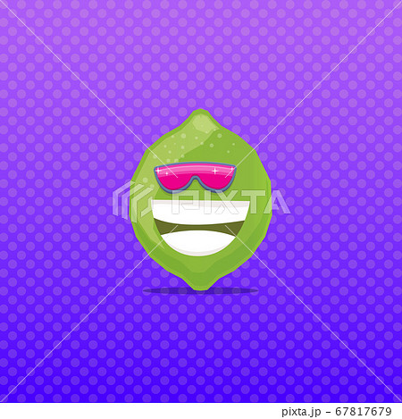 vector funny cartoon green lime character with sunglasses isolated on violet background. funky smiling summer lime citrus fruit character vector funny cartoon green lime character with sunglasses isolated on violet background. funky smiling summer lime citrus fruit character 67817679