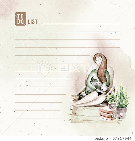 Watercolor trendy interior bohemian to do list with mid century modern furniture and women on armchair wirh cat. Interior hugge Decor Scene. Cozy living room with houseplant, Urbun jungle illustration 67817944