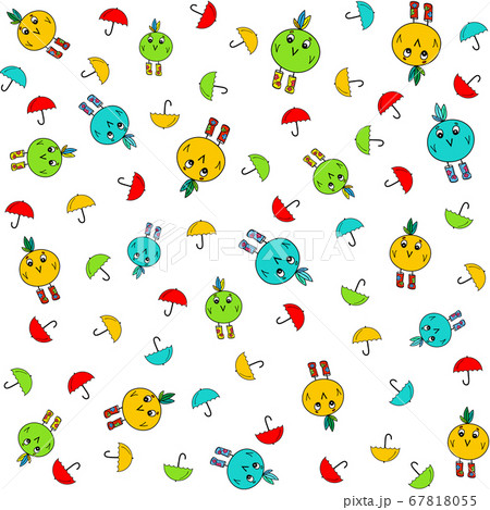 Birds and umbrellas bright illustrations. Seamless pattern isolated on white. Cartoonish drawing with cute characters 67818055
