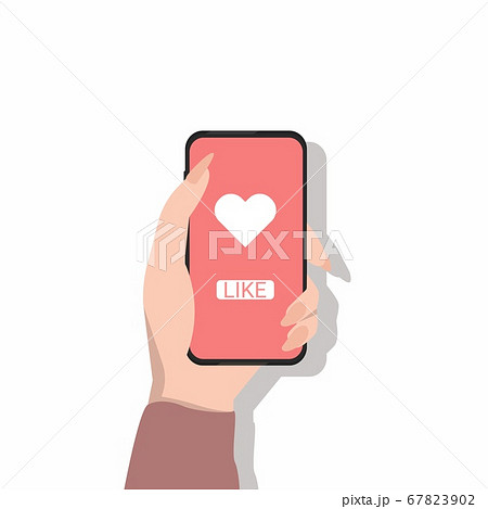 Female Hand Holding Phone With Like Icon, White Background, Illustration 67823902