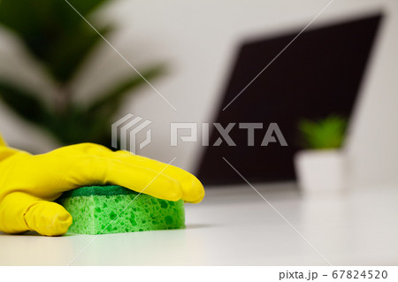 Close Up cleaning company worker hand holding sponge 67824520