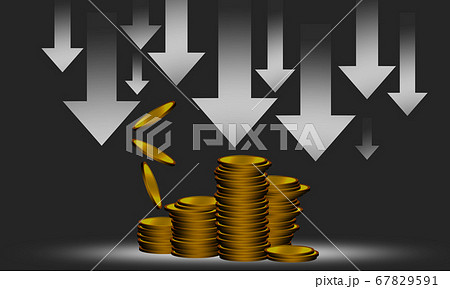Recession with arrow and stack of gold coins Recession with arrow and stack of gold coins 67829591