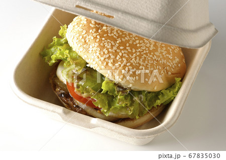 ハンバーガー用の箱に入った照り焼きバーガー（白背景） 67835030