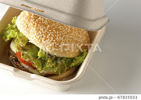 ハンバーガー用の箱に入った照り焼きバーガー(白背景) ハンバーガー用の箱に入った照り焼きバーガー(白背景) 67835033