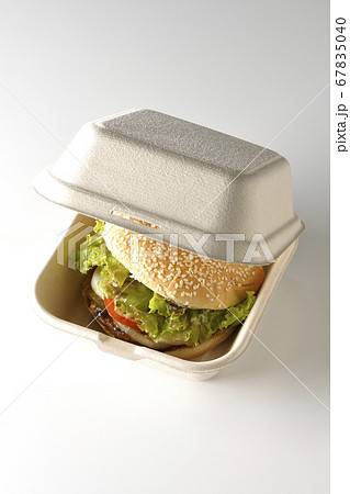 ハンバーガー用の箱に入った照り焼きバーガー(白背景) ハンバーガー用の箱に入った照り焼きバーガー(白背景) 67835040