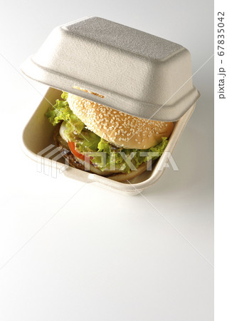 ハンバーガー用の箱に入った照り焼きバーガー(白背景) ハンバーガー用の箱に入った照り焼きバーガー(白背景) 67835042