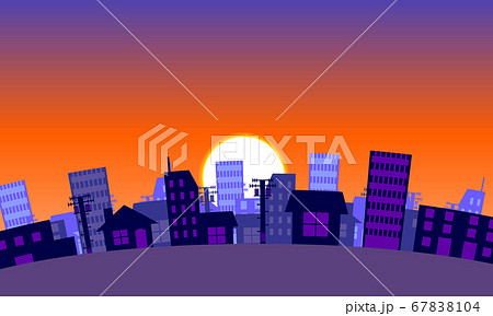 シンプルでアニメ風なベクターの街なかの背景イラスト 夕焼け 超望遠レンズverのイラスト素材