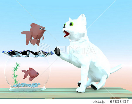 飛び跳ねるキンギョに驚く猫のイラスト素材