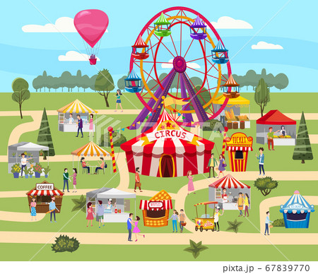 Amusement park outdoor festival Curcus tent Ferris Wheel Tents Canopy fast food and drinks. Visitors men and women spend their leisure time. Vector illustration isolated Amusement park outdoor festival Curcus tent Ferris Wheel Tents Canopy fast food and drinks. Visitors men and women spend their leisure time. Vector illustration isolated 67839770