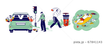 Characters Throw Garbage on Street. Driver Throwing Trash Out of Car Window, Police Notice. Man Floating with Litter 67841143