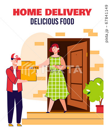 Home food delivery poster with courier man and client at door step Home food delivery poster with courier man and client at door step 67841149