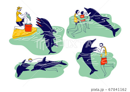 People Swimming with Dolphins. Adults and Children Characters Playing with Cute Sea Animals, Feeding with Fish, Vacation 67841162