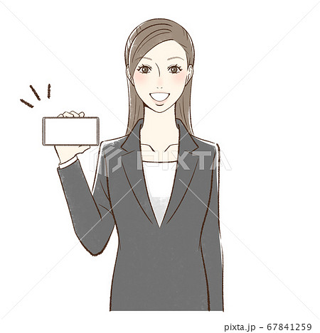 笑顔でスマホの画面を見せる正面向きの女性 横持ちのイラスト素材