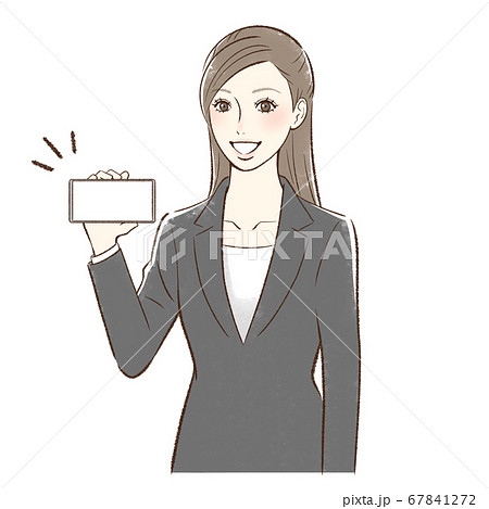 笑顔でスマホの画面をこちらに見せる女性 横持ちのイラスト素材