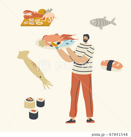 Asian or Mediterranean Cuisine, Character Carry Tray with Seafood in Hands Presenting Crab, Fish and Prawns Sea Products Asian or Mediterranean Cuisine, Character Carry Tray with Seafood in Hands Presenting Crab, Fish and Prawns Sea Products 67841548